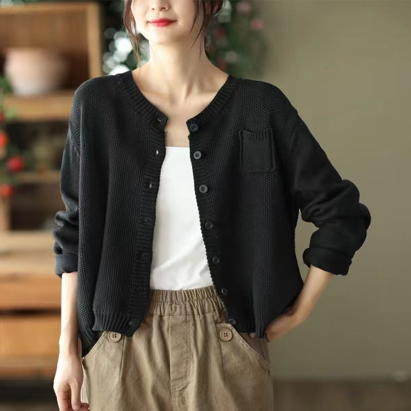 Damen Strickcardigan Leicht Knopfverschluss Taschen Beige