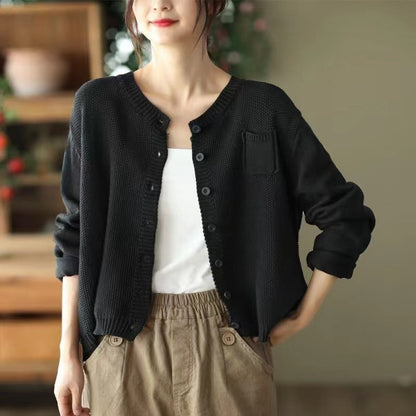 Damen Strickcardigan Leicht Knopfverschluss Taschen Beige
