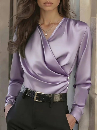 Damen Wickelbluse Satin Knöpfe Elegant Eveloria