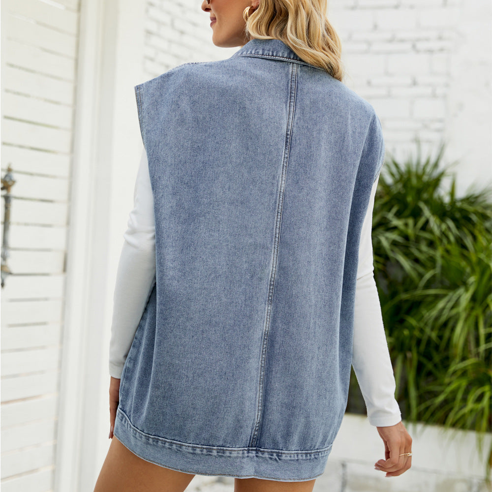 Damen Denim-Weste Lässig Mit Taschen Blau Eveloria
