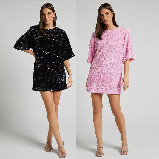Damen Minikleid Pailletten Weite Ärmel Schwarz Eveloria - Eveloria