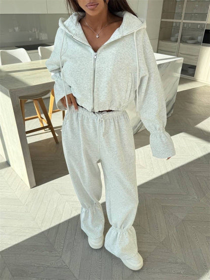 Damen Zwei-Teiler-Set Cropped Kapuzenpullover Weite Hose Eveloria