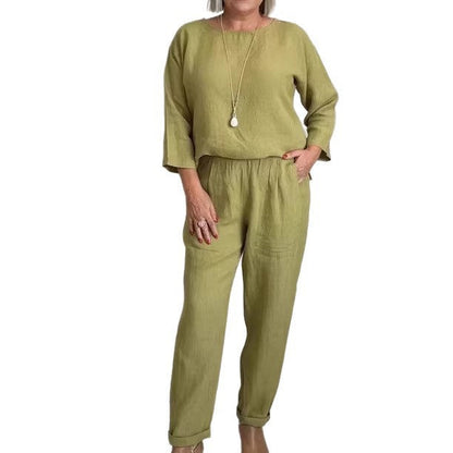 Damen Leinen-Set Weites Oberteil Bequeme Hosen Beige