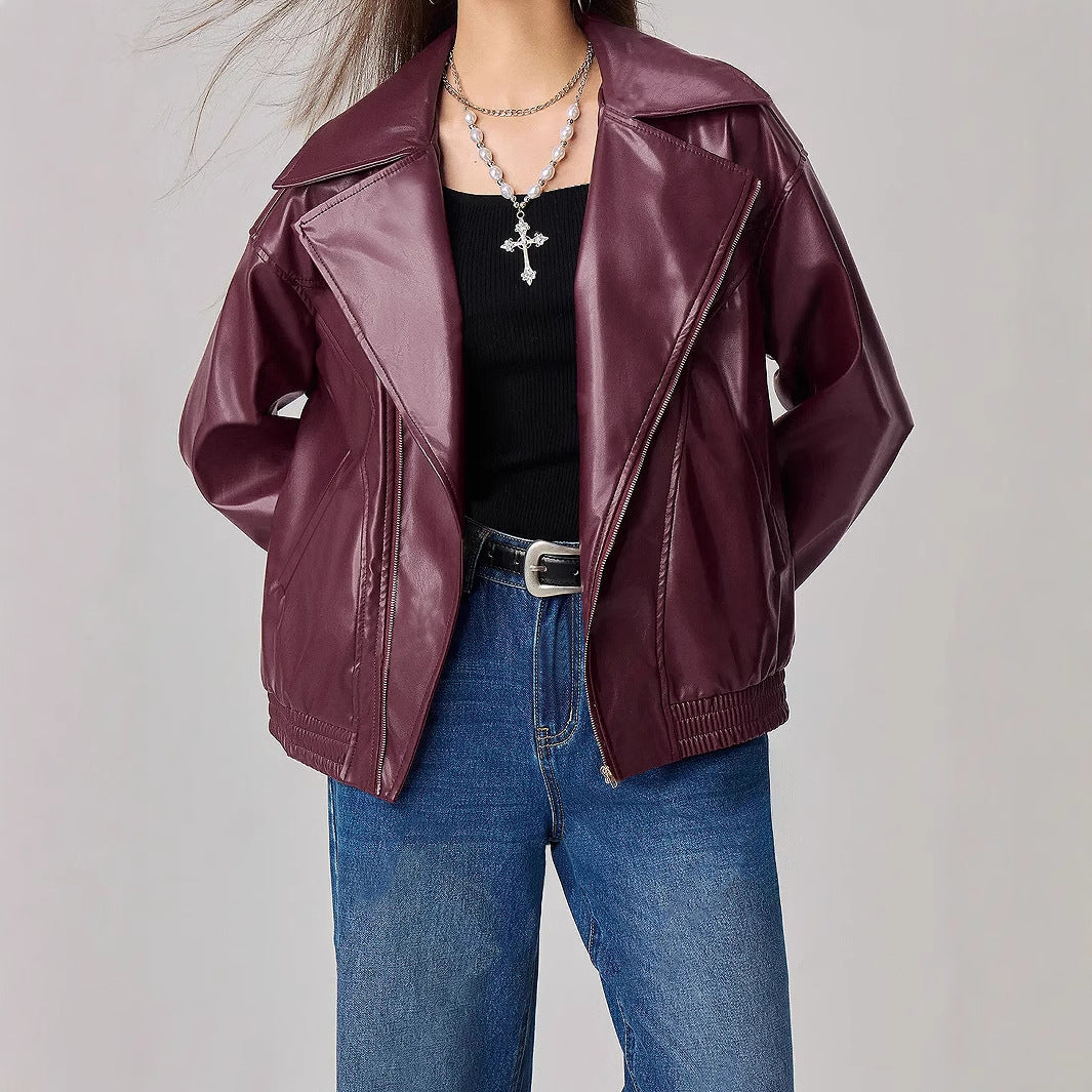 Damen Oversized Kunstlederjacke schmal Reißverschluss Schwarz - Eveloria