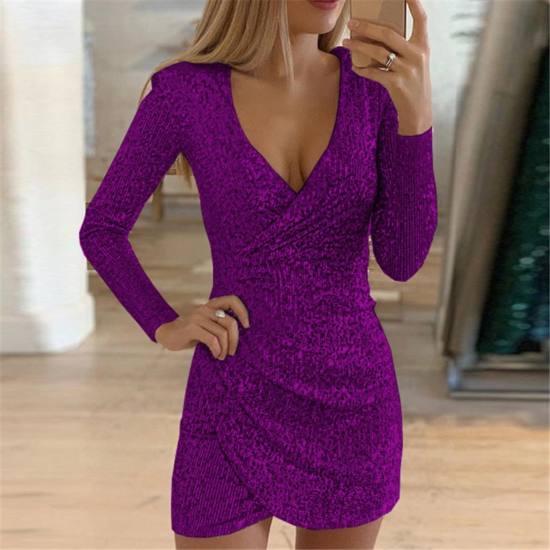 Damen Wickelkleid Glitzernd V-Ausschnitt Länge Lang Ärmel
