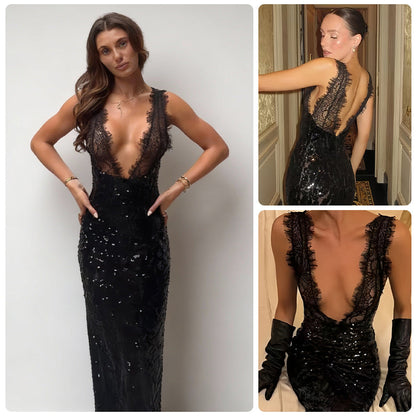 Damen Glitzerndes Spitzenkleid V-Ausschnitt Figurbetont Schwarz - Eveloria