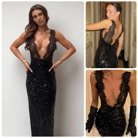 Damen Glitzerndes Spitzenkleid V-Ausschnitt Figurbetont Schwarz - Eveloria