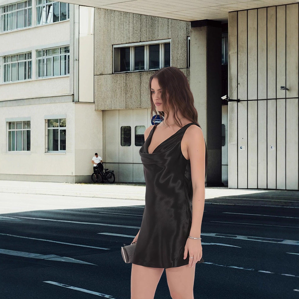 Damen Minikleid Chiffon Wasserfallausschnitt Tiefes Rückendesign