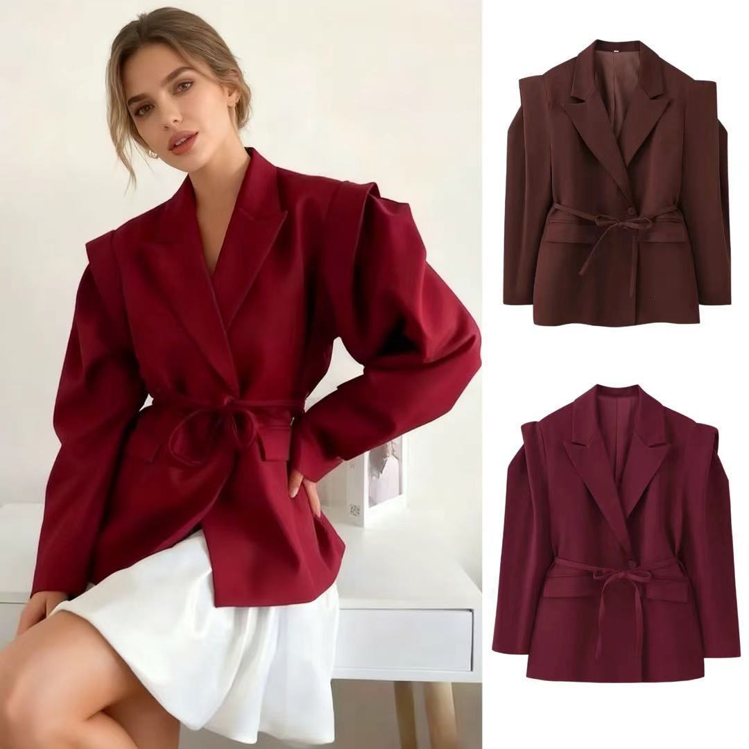 Damen Blazerjacke Tailliert Bindegürtel Schwarz Eveloria - Eveloria