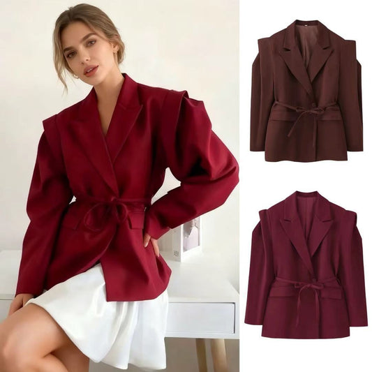Damen Blazerjacke Tailliert Bindegürtel Schwarz Eveloria - Eveloria