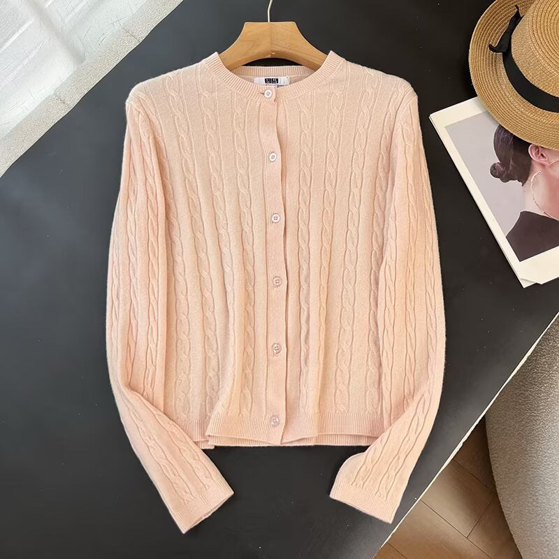 Damen Strickjacke Zopfmuster Knopfleiste Beige Eveloria