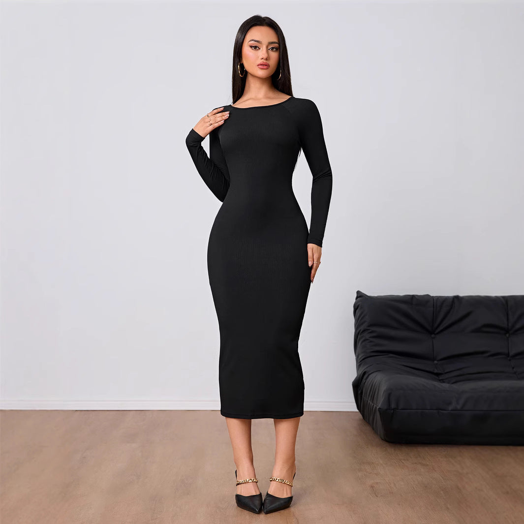 Damen Midi-Kleid Rundhalsausschnitt Länge Ärmel Eveloria