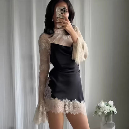 Damen Abendkleid Chiffon mit Spitzendetails und schwingenden Ärmeln
