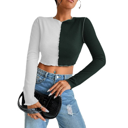 Damen Cropped Langarmshirt 2-Farben Rippdesign Weiss