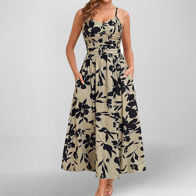 Damen Maxikleid Schmale Träger Baumwolle Mit Seitentaschen Beige