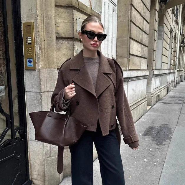 Damen Long-Trenchcoat Stehkragen Strukturiert Schwarz Eveloria - Eveloria