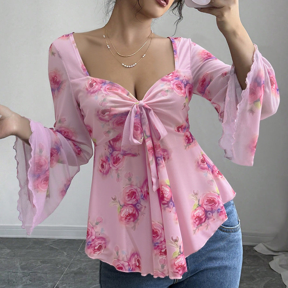 Damen Bluse Fließendes Blusenshirt Florales Design Verspielter Knoten