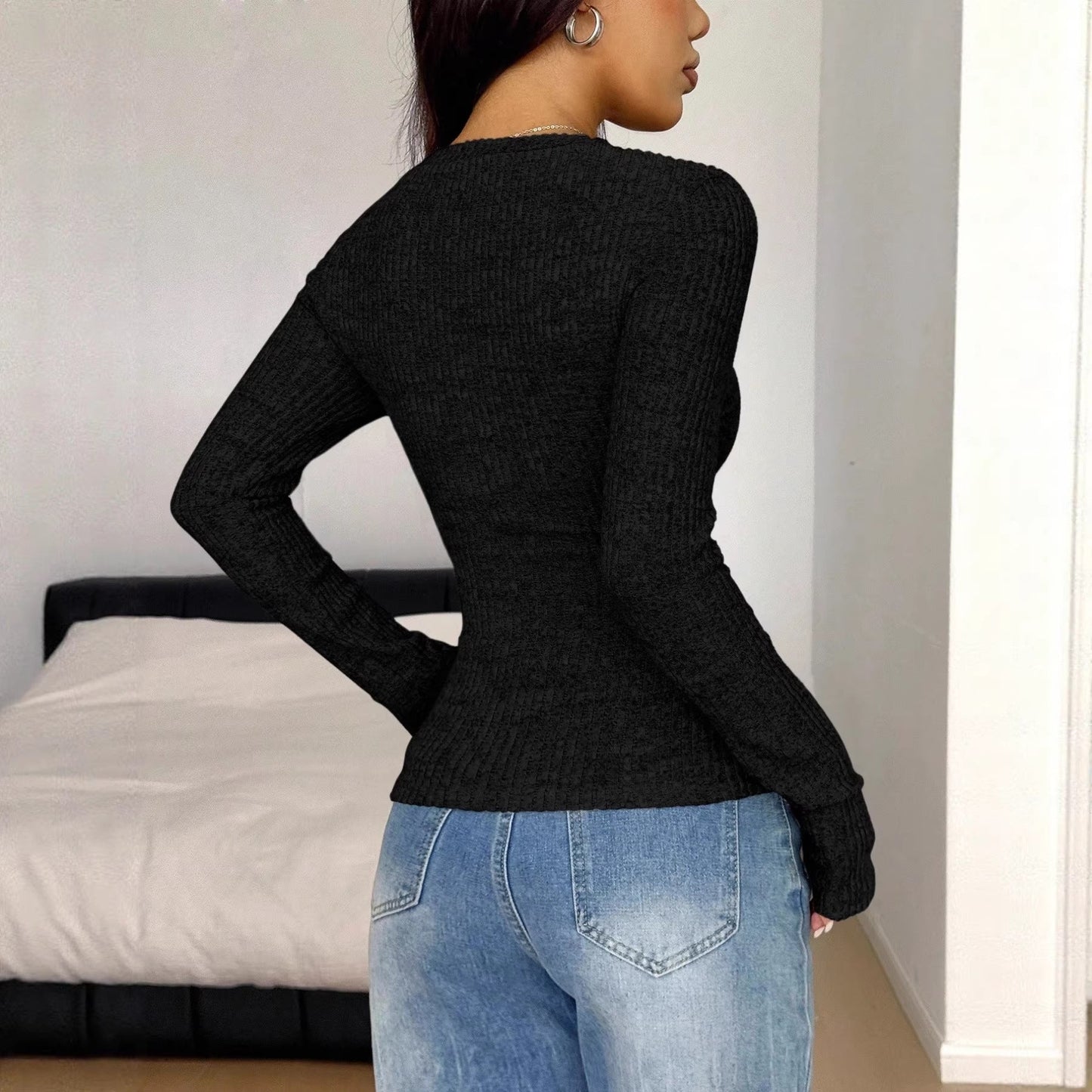 Damen Langarmshirt Strukturiertes Rippdesign Elegante Knöpfe