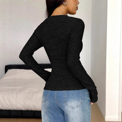 Damen Langarmshirt Strukturiertes Rippdesign Elegante Knöpfe
