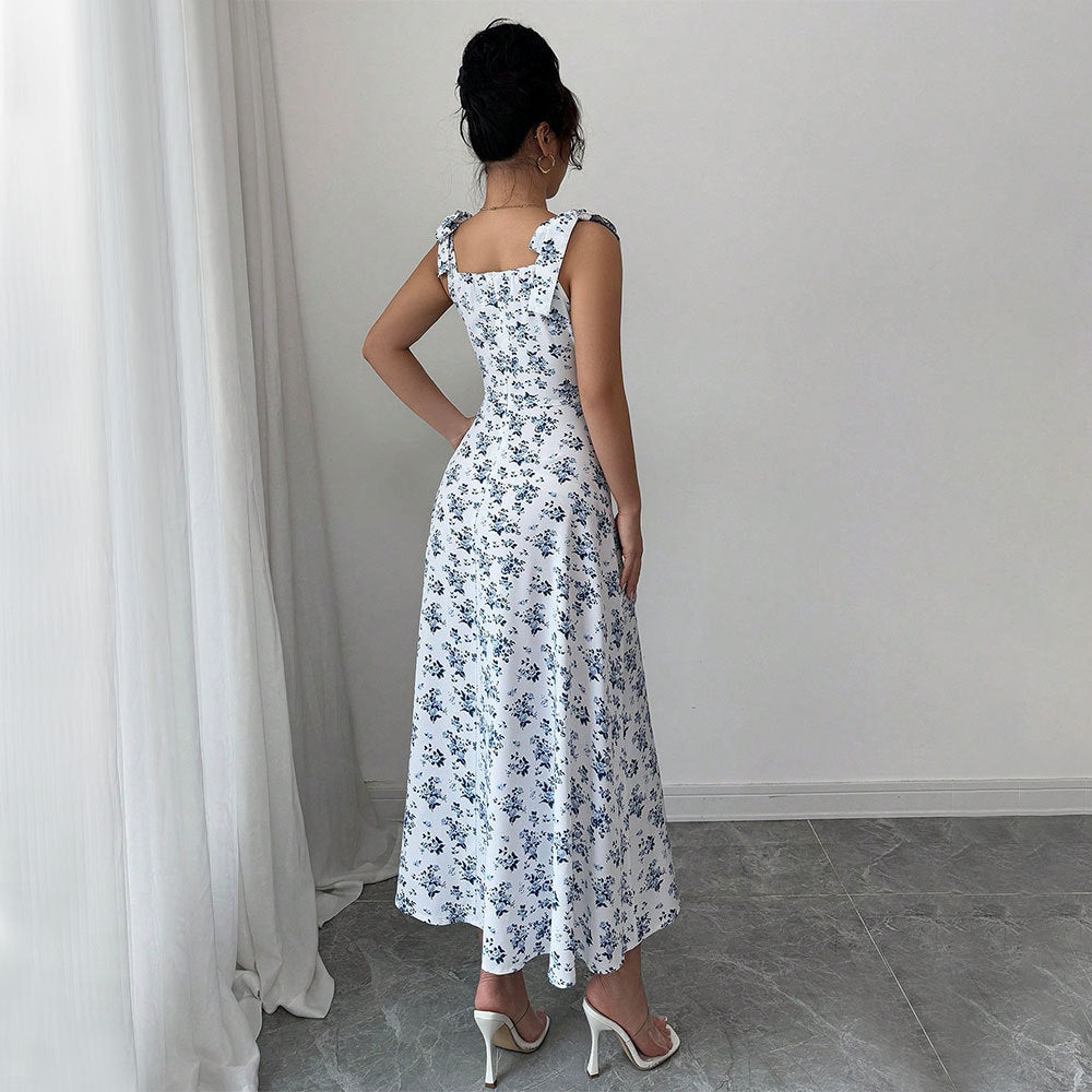 Damen Maxikleid Blumenmuster V-Ausschnitt