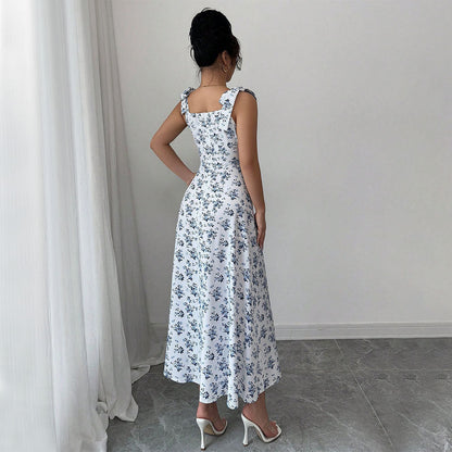 Damen Maxikleid Blumenmuster V-Ausschnitt