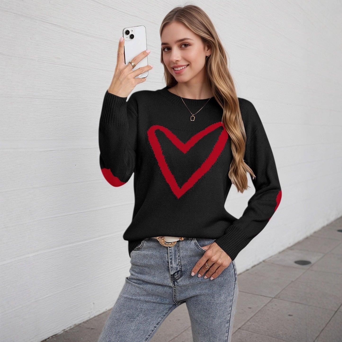 Damen Strickpullover Herzmotiv Lässiger Schnitt