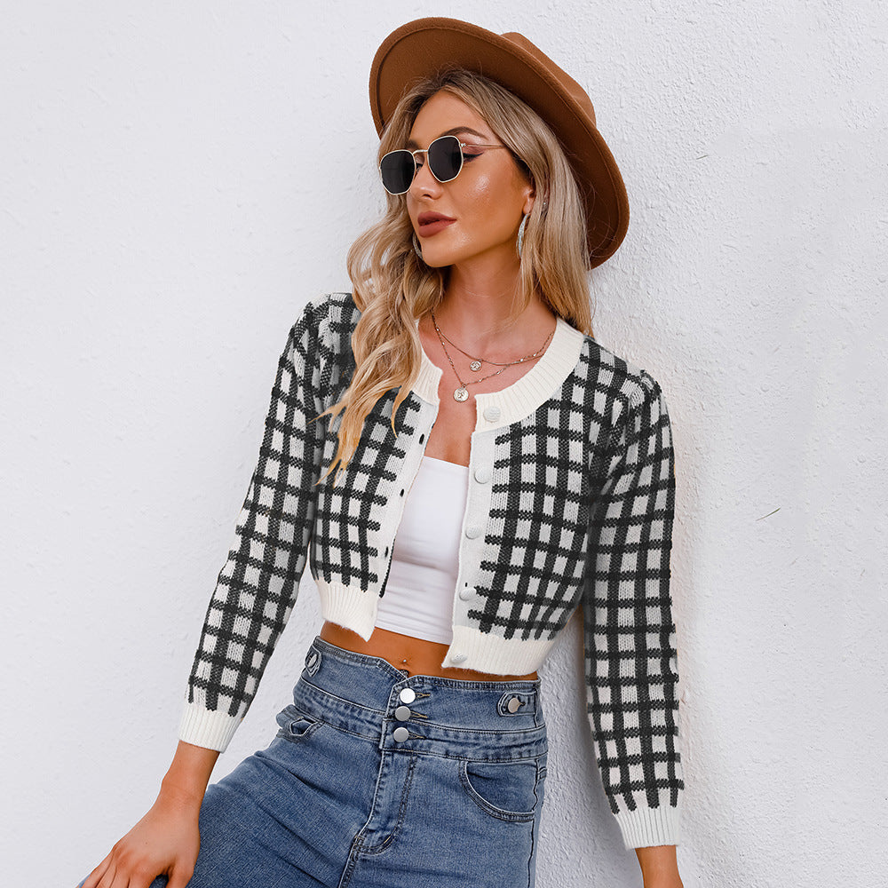 Damen Strickcardigan Karo Muster Weich Grau