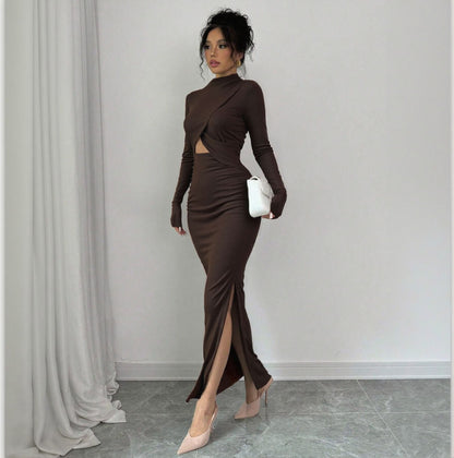 Damen Wickelkleid Langärmlig Schlitz Eveloria