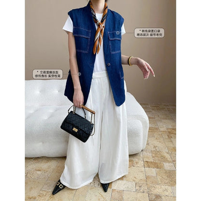 Damen Denimweste Lässig Große Taschen Modischer Schnitt Blau Eveloria