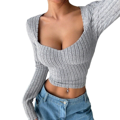 Damen Langarm Crop- Rippstruktur V-Ausschnitt Eveloria