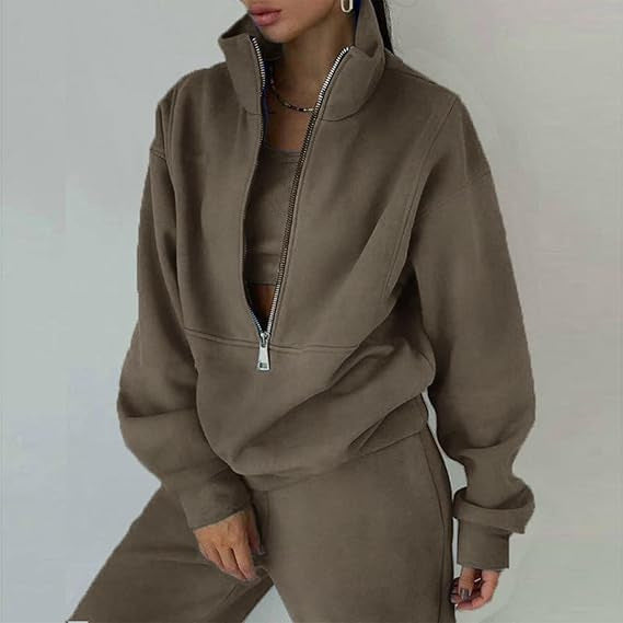 Damen Fleece-Pullover Hochkragen Reißverschluss Kuschelig Grau