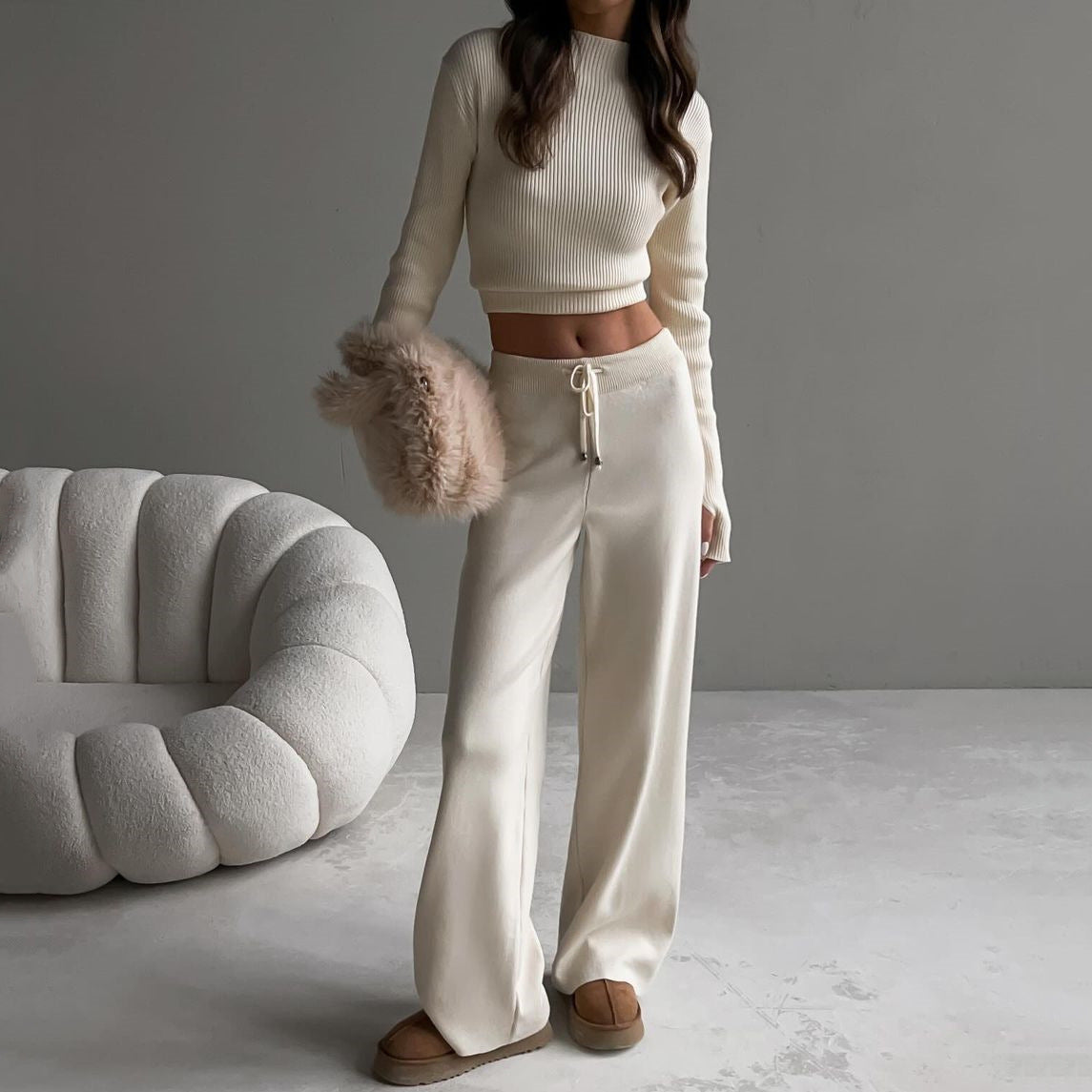 Damen Strick-Loungewear Cropped Oberteil Weite Hose Beige