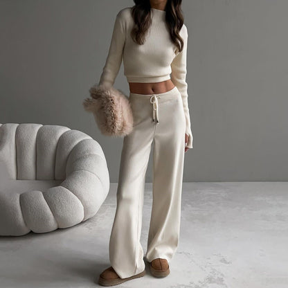 Damen Strick-Loungewear Cropped Oberteil Weite Hose Beige