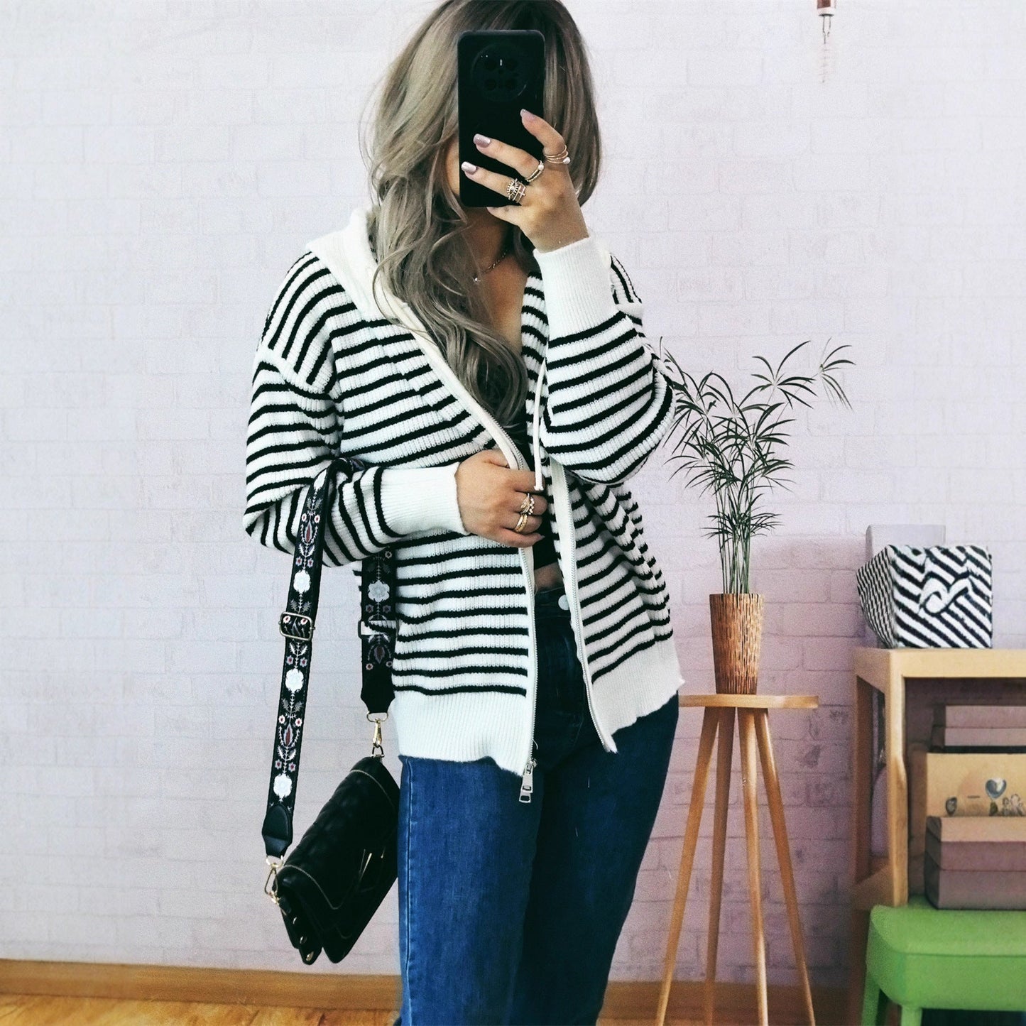 Damen Hoodie Lässig Gestreift Mit Taschen Eveloria