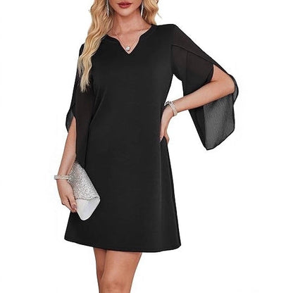 Damen V-Ausschnitt Kleid transparente Ärmel Eveloria - Eveloria
