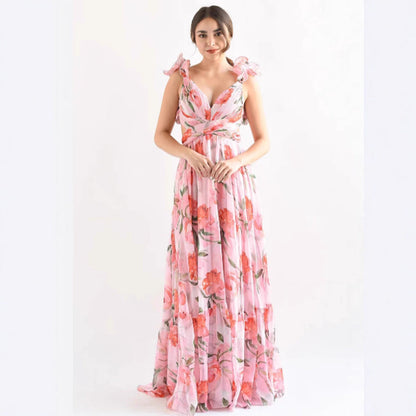 Damen Maxikleid Blumenmuster RüschenDetails Eveloria - Eveloria