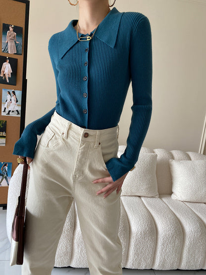Damen Strickpullover Feinripp mit Hemdkragen und Knöpfen Beige