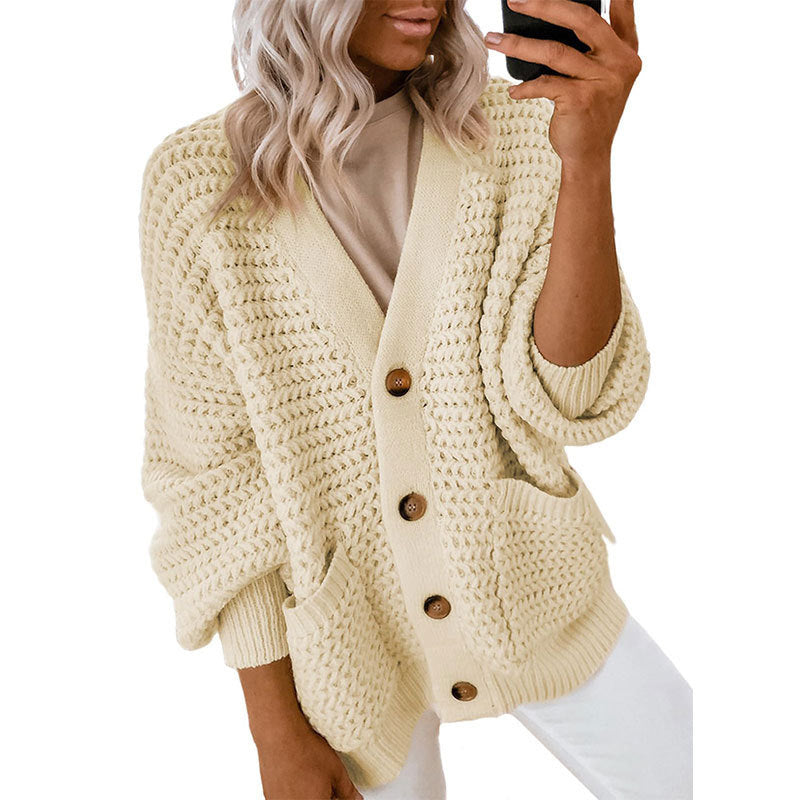 Damen Strickjacke Dickstrick Knöpfe Beige Eveloria - Eveloria