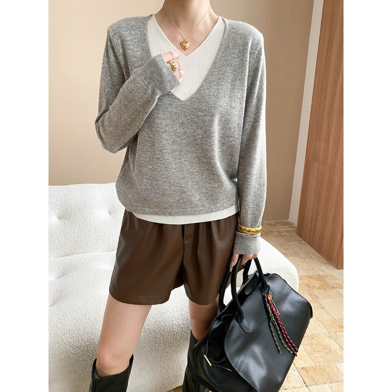 Damen Pullover V-Ausschnitt Weiches Material Rippstruktur Beige - Eveloria
