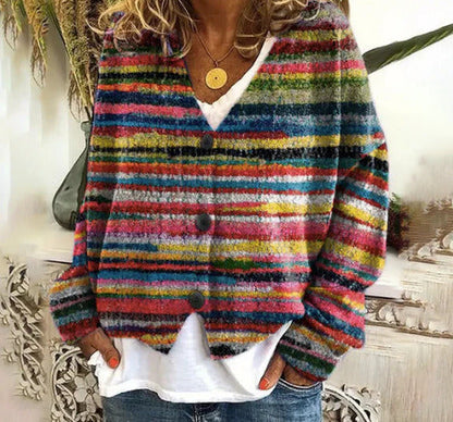Damen Strickcardigan Bunt Streifen Knöpfe