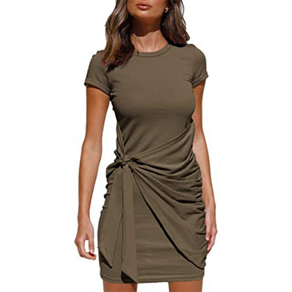 Damen Wickelkleid Kurzarm Raffung Knoten Detail Eveloria