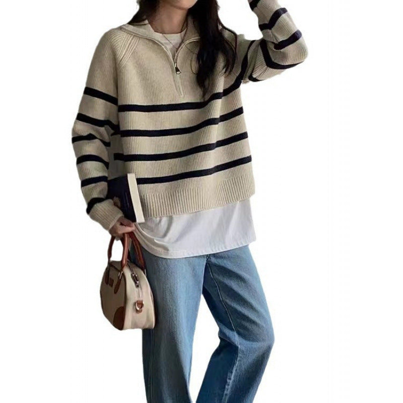 Damen Pullover Streifenmuster mit Reißverschluss Eveloria