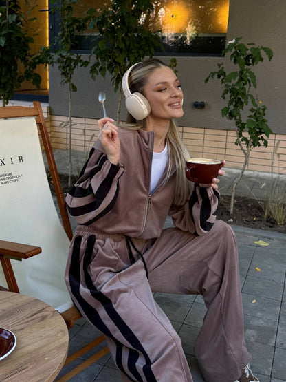 Damen Jogginganzug Velours Elastisch Hochkragen Eveloria