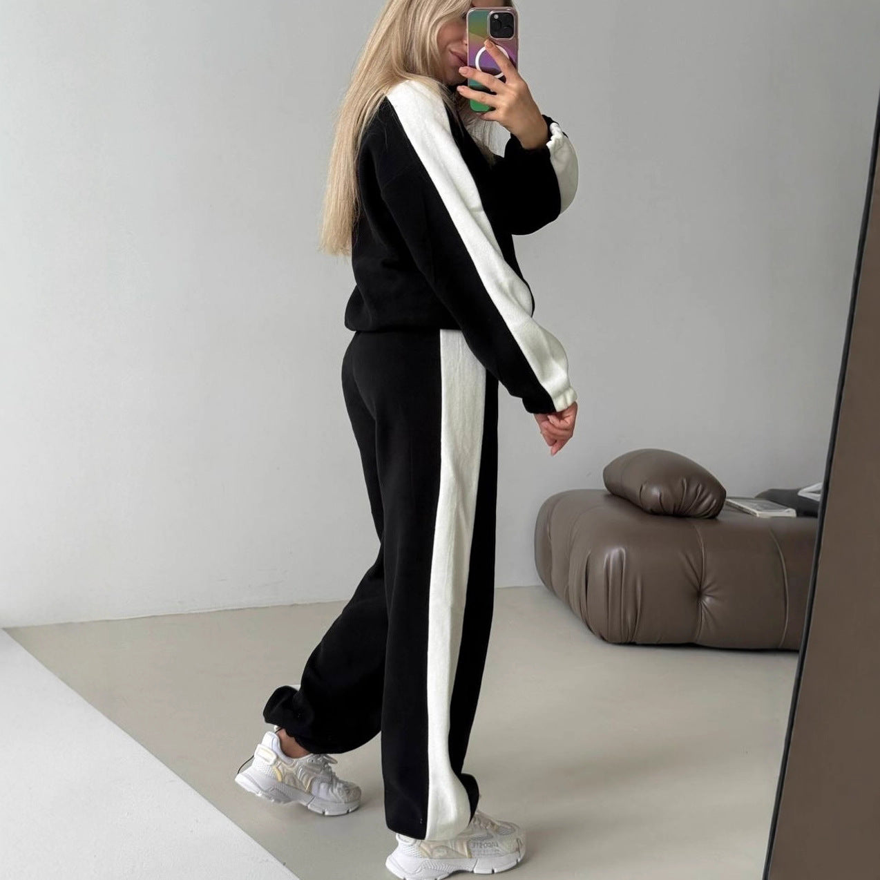 Damen Fleece-Jogginganzug Sportlich Mit Streifen Hocher Kragen