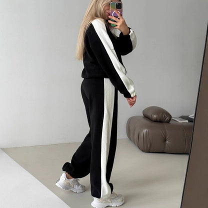 Damen Fleece-Jogginganzug Sportlich Mit Streifen Hocher Kragen