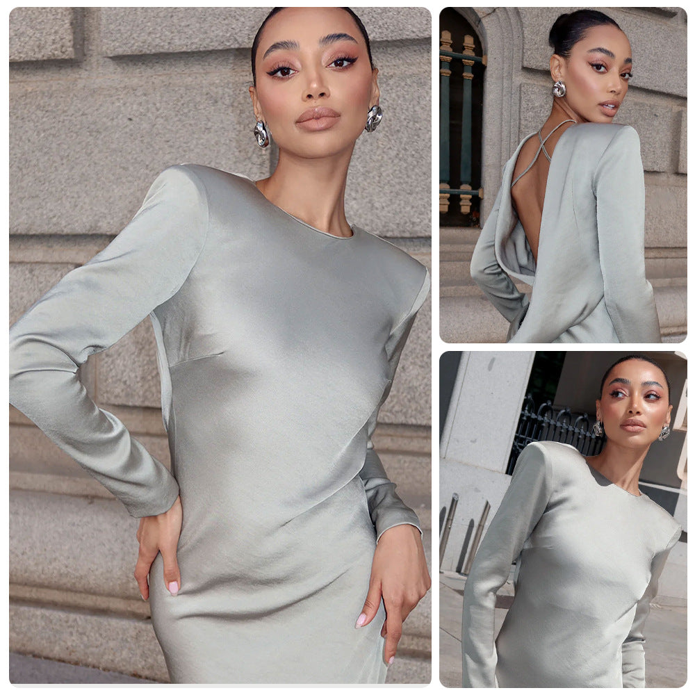 Damen Langarmkleid Satin Glänzend Figurbetonter Schnitt Schwarz - Eveloria