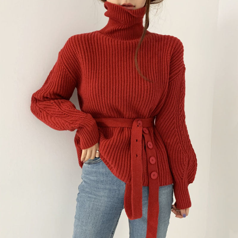 Damen Strickpullover Lässig Mit Gürtel Beige - Eveloria