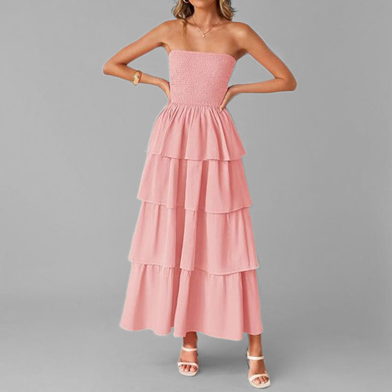 Damen Maxikleid Schulterfrei Voluminöse Rüschenschichten Eveloria