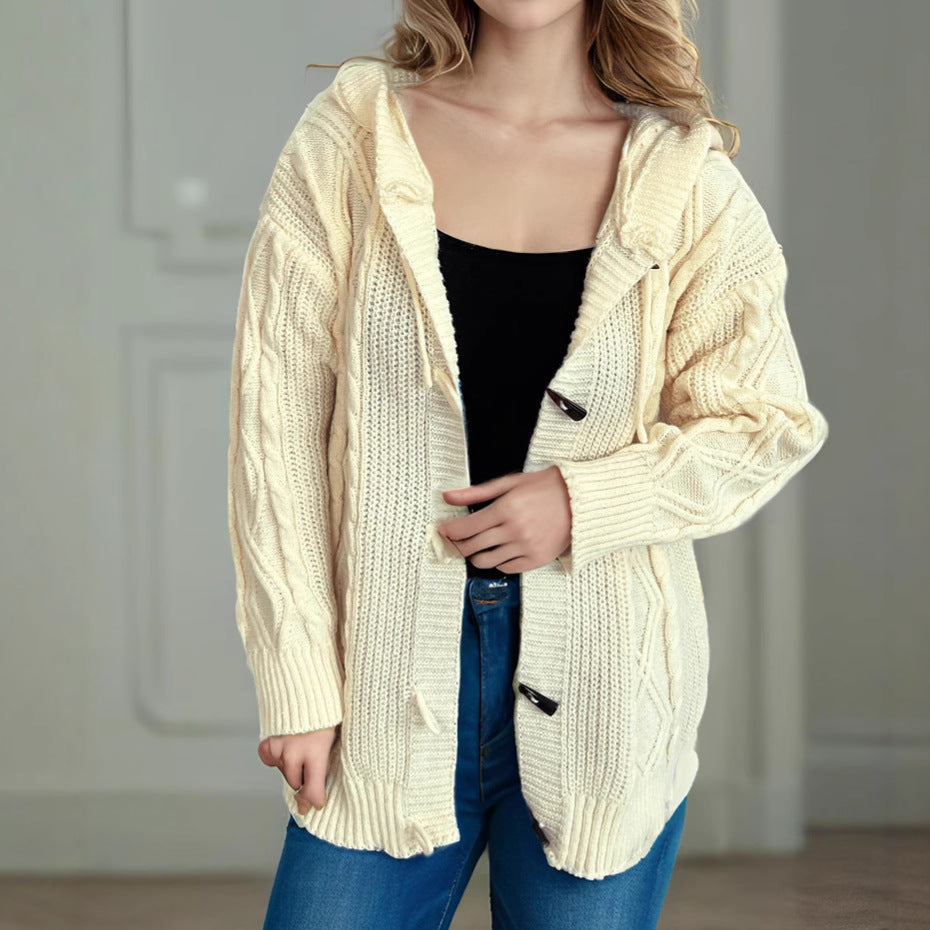 Damen Grobstrick Cardigan mit Zopfmuster und Kapuze Beige