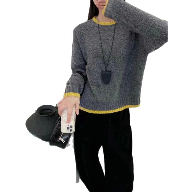 Damen Strickpullover Weich Kontrastbündchen